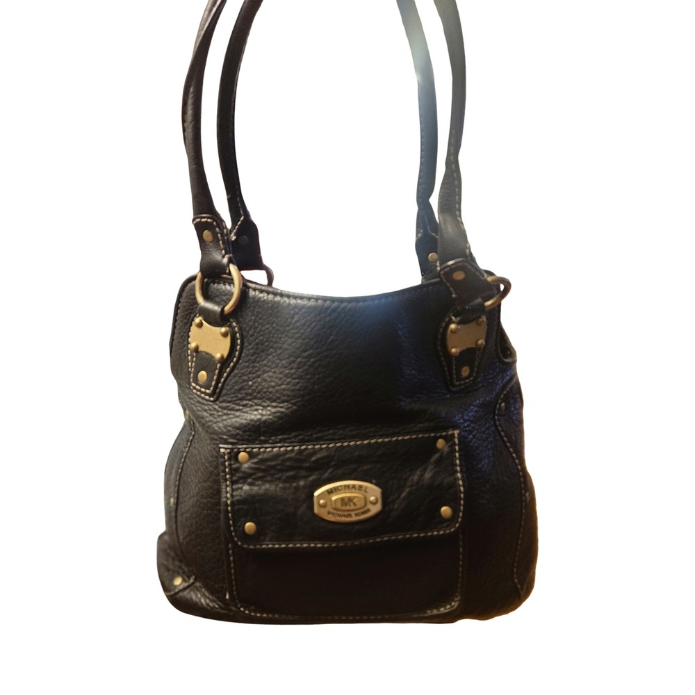 Michael Kors Black Pebbled Leather Shoulder Bag Gold Logo Hardware Handbag